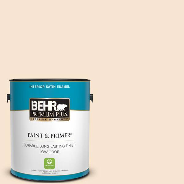 BEHR PREMIUM PLUS 1 gal. #OR-W03 Mannequin Cream Satin Enamel Low Odor Interior Paint & Primer