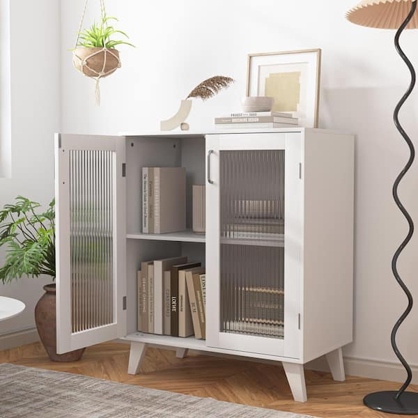 FUNKOL 27.1 in. x 14.96 in. x 32.5 in. White Particleboard Ready to Assemble Kitchen Cabinet w/2 Glass Door & Adjustable Shelve