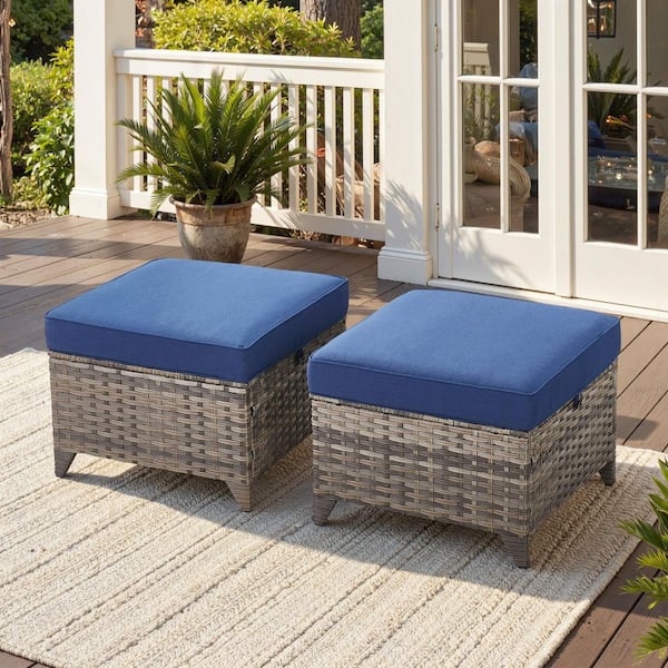 New Kalixx Gray Wicker Outdoor Patio Ottoman with Blue Cushions (Set of 2)