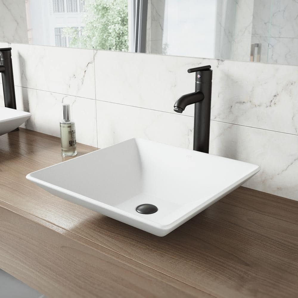 VIGO Matte Stone Hibiscus Composite Square Vessel Bathroom Sink in White with Seville Faucet and Pop-Up Drain in Matte Black