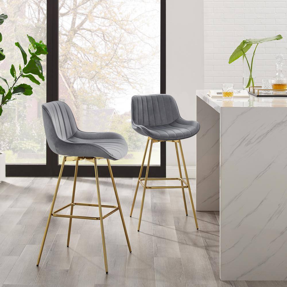 Luxurious Gray Velvet & Gold-Plated Swivel Bar Stool Set