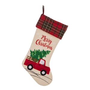 21 in. L Embroidered Linen Christmas Stocking - Red Truck