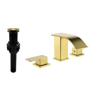 8 in. Widespread Double Handle Waterfall Bathroom Faucet with Drain Kit 3-Hole Bathroom Basin Faucets in Brushed Gold