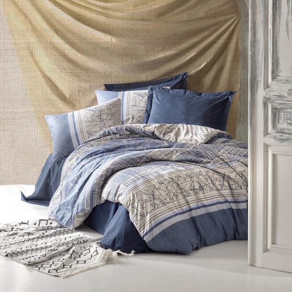 Blue Fall 100% Turkish Cotton Queen Size Duvet Cover Set 1-Duvet Cover 1-Fitted Sheet and 2-Pillowcases