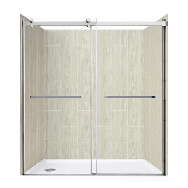 CRAFT + MAIN Lagoon Double Roller 60 in L x 30 in W x 78 in H Left Drain Alcove Shower Stall Kit in Driftwood and Silver Hardware