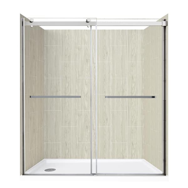 CRAFT + MAIN Lagoon Double Roller 60 in. L x 32 in. W x 78 in. H Left Drain Alcove Shower Stall Kit in Driftwood and Silver Hardware