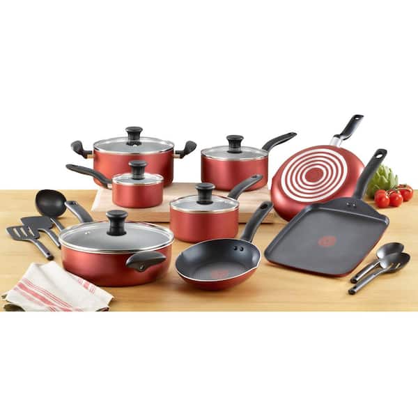 T-fal Simply Cook Nonstick Cookware, 2pc Fry Pan Set, 8 & 10, Red