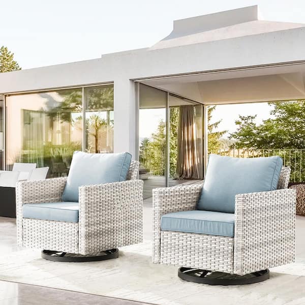 Beige Wicker Outdoor Rocking Chair, Patio Swivel Gliders with Baby Blue Cushions for Porch or Balcony (2-Pack)