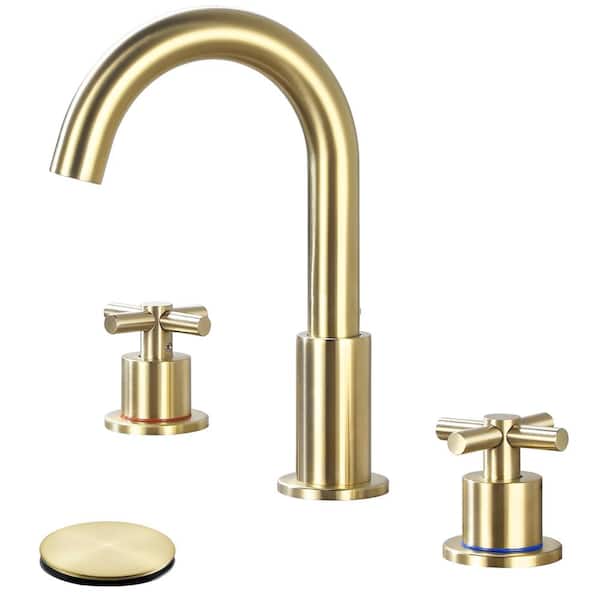 AKLFGN 8 in. Widespread Double Handle Bathroom Faucet 3 Hole Sink Faucet with 360 Rotation and Pop-Up Drain in Brushd Gold