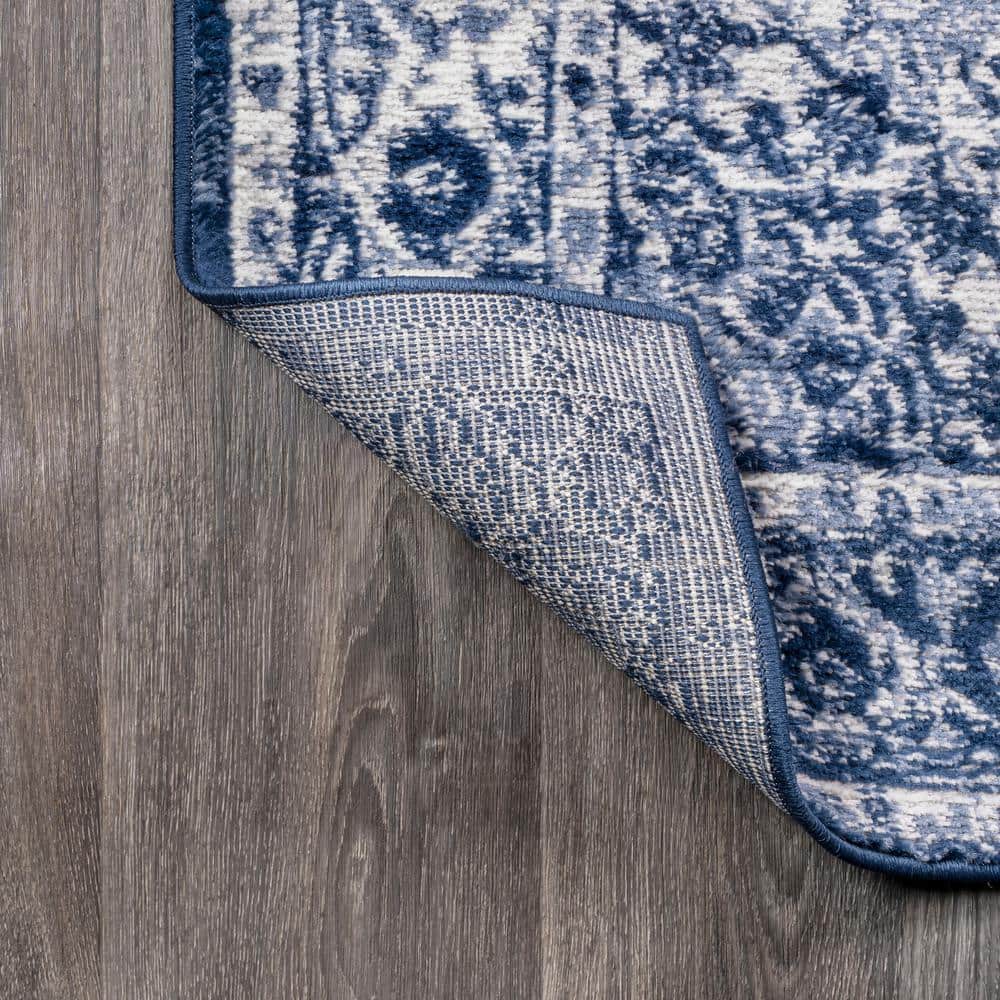 Handmade Rectangular Dark Blue/Ivory Synthetic Area Rug