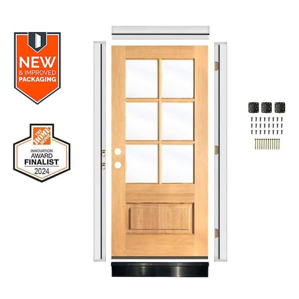 36in.x80in. Farmhouse RH 6-Lite Clear Glass Clear Stain Hemlock Wood AssemblyRequired Front Door Kit w/QuickAssembleJamb