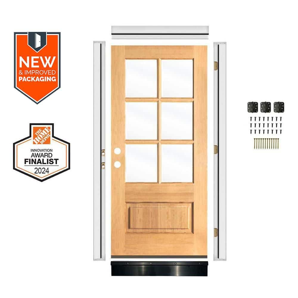 DIY 36in.x80in. Farmhouse Right-Handed 6 Lite Clear Glass Clear Stain Hemlock Wood Front Door Kit w/ Quick Assemble Jamb price history on PriceWatchPro