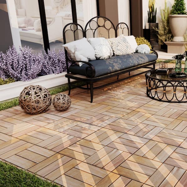 GOGEXX 12 in. x 12 in. Square Acacia Wood Interlocking Flooring Deck Tiles Checker Pattern Patio in Brown (Pack of 20 Tiles)