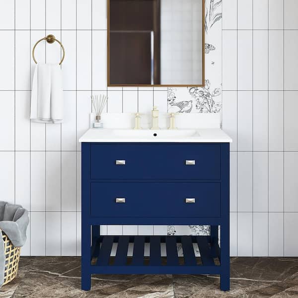 Unbranded 30 in. W x 19 in. D x 34 in. H Single Sink Freestanding Bath Vanity in Navy Blue with White Engineered Stone Top