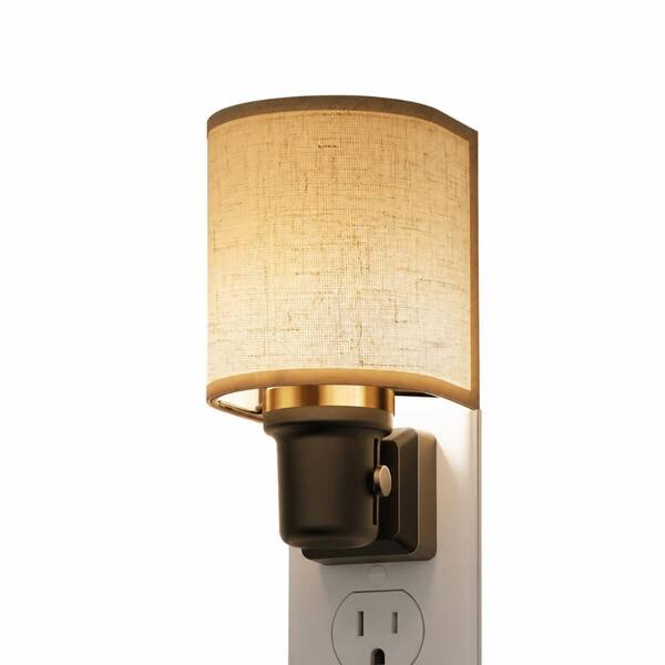 Plug-In LED Night Light, Dimmable 0-100 LM, Linen Fabric Shade, Dusk-to-Dawn Sensor, Warm White
