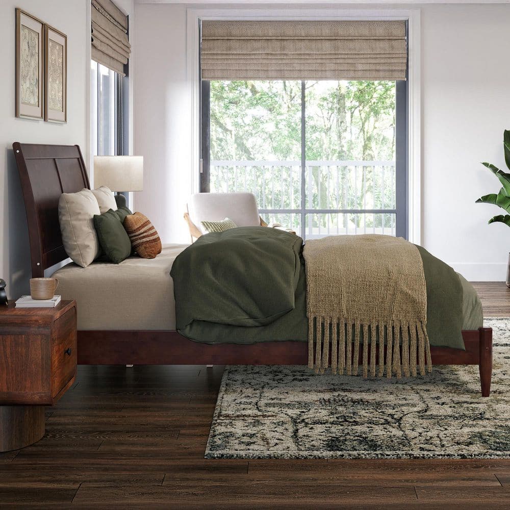 Valencia Walnut Full Sleigh Wood Platform Bed with Slats
