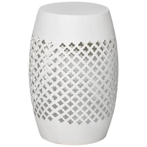 White Round Steel Outdoor Side Table with Hollow Drum Design, Accent Table for Outdoor and Indoor Use