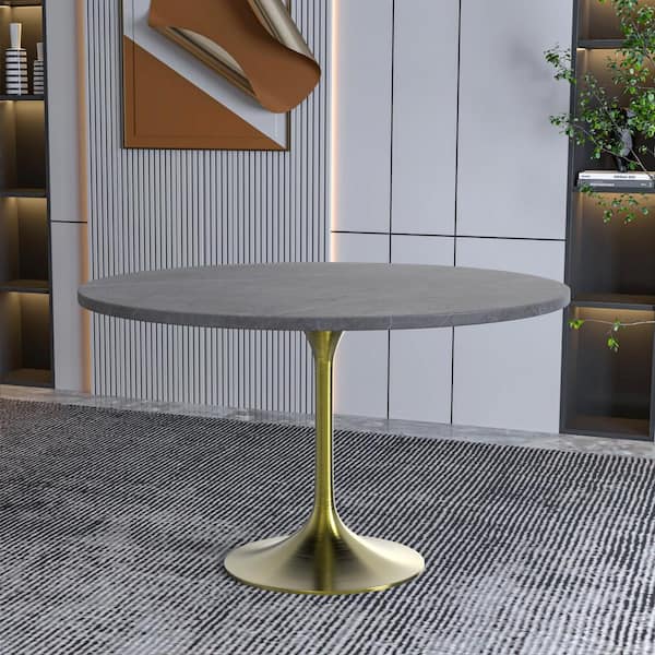 Leisuremod Verve Mid-Century Modern 48 in. Round Dining Table with Stone Top and Brushed Gold Pedestal Base (Grey)