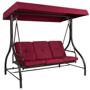 3-Person Metal Patio Swing with Burgundy Red Cushion