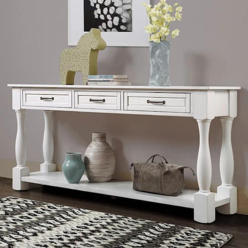 63 x 14 x 30 Wood Console Table in Antique White with
