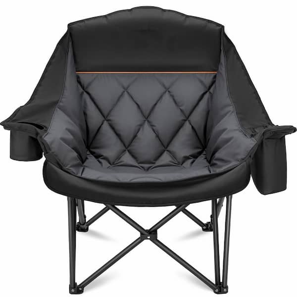 Metal Frame Lawn Chair with Side Pocket, Cup Holder and Cooler Bag, Suitable for Outdoor Sports, Garden, Lawn, Black
