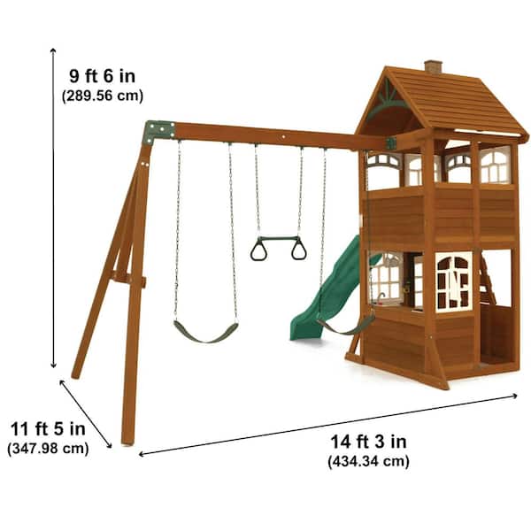 DIY Kennedy Springs Wooden Outdoor Playground Set with Slide, Rock Wall, Play Kitchen, Swing Set, and Accessories