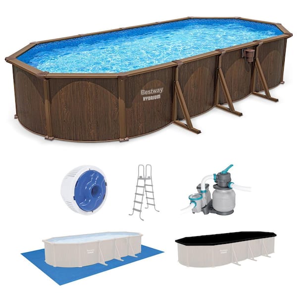 Bestway Hydrium 24'x12'x52 in. Oval Above Ground Swimming Pool Set, Brown Woodgrain