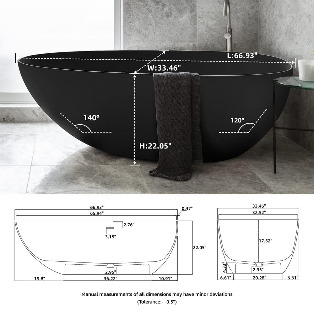 Matte Black 67'' Solid Surface Freestanding Soaking Bathtub