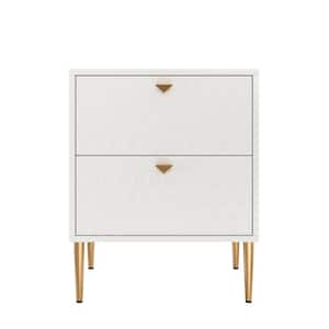 Hexagonal Pattern 2-Drawer White High Gloss Nightstand Accent Cabinet with Golden Stands