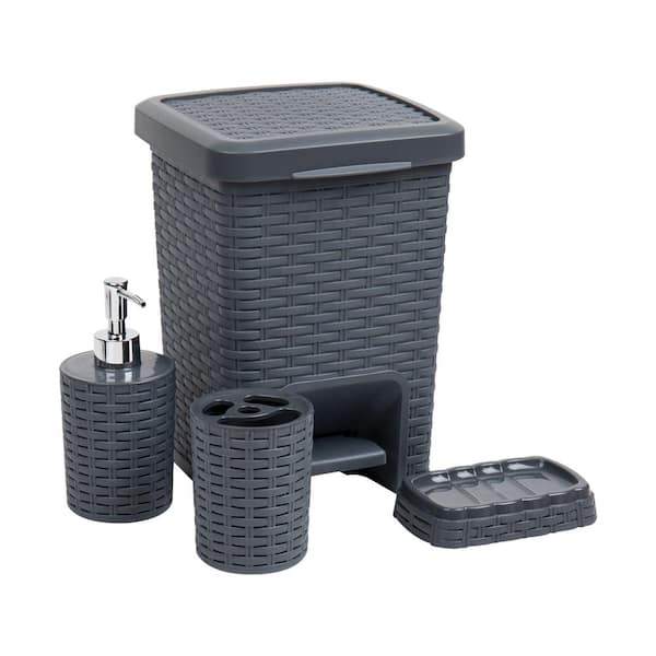 Mind Reader Basket Collection, 4 Piece Bath Accessory Set Wastepaper Basket, Toothbrush Holder, Soap Dispenser and Soap Dish, Gray