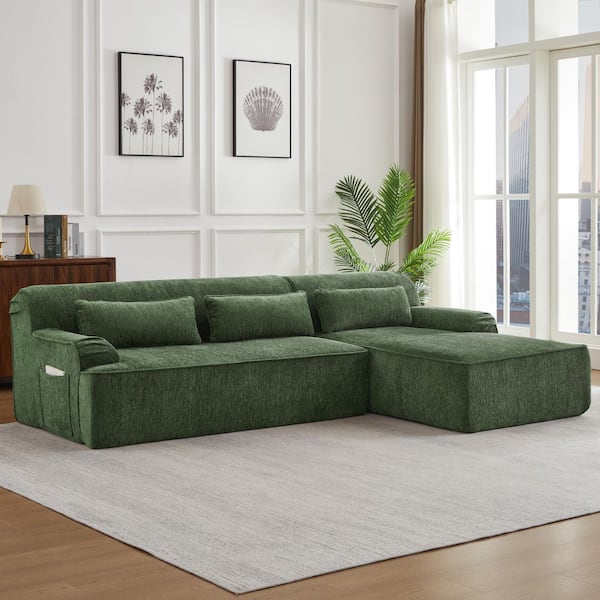 Denley 102.4 in. Chenille Upholstered L-Shaped Compressed Sectional Sofa in. Green with Side Pockets