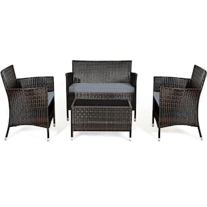 4-Piece Wicker Patio Conversation Set with Gray Cushions