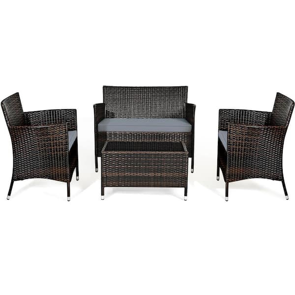 Costway 4-Piece Wicker Patio Conversation Set with Gray Cushions