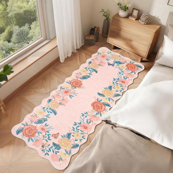 Wavy Edge Decorative Rug Machine Washable Vintage Floral Printed Area Carpet for Bedroom Apartment Pink，2X6ft