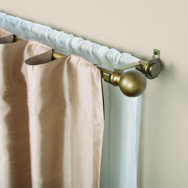 Kenney 36 in. - 66 in. Telescoping 5/8 in. Double Curtain Rod Kit in Old World Brass with Ball Finial