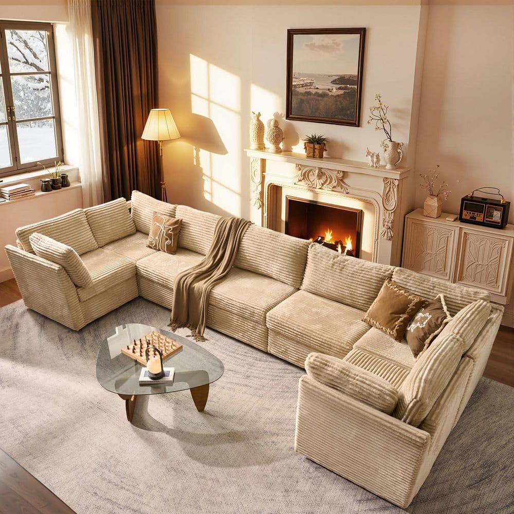Cuke 159 in. Wide 7-Piece Modern Deep Seat Plush Corduroy U-Shape Modular Sectional Sofa Couch in Beige