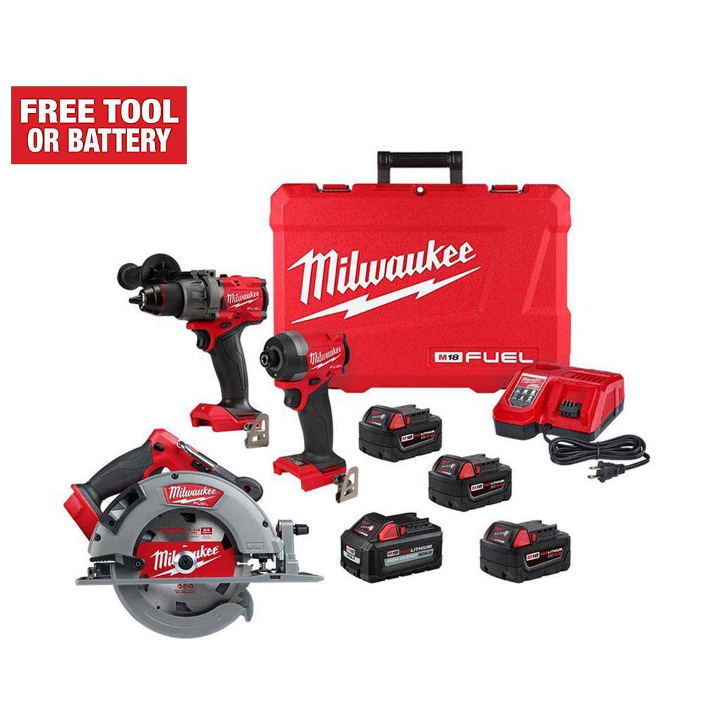 Milwaukee M18 FUEL 18-Volt Li-Ion Brushless Cordless Hammer Drill and Impact Driver Combo Kit (2-Tool) w/4 Batteries and Circ Saw