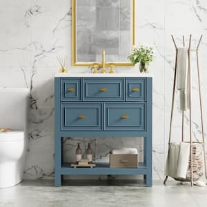 29.56 in. W x 17.79 in. D x 33 in. H Single Sink Freestanding Bath Vanity in Blue with White Resin Top and Storage