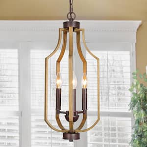 Brown Caged Chandelier 3-Light Candlestick Rustic Island Pendant with Farmhouse Lantern Frame and Wood Accents