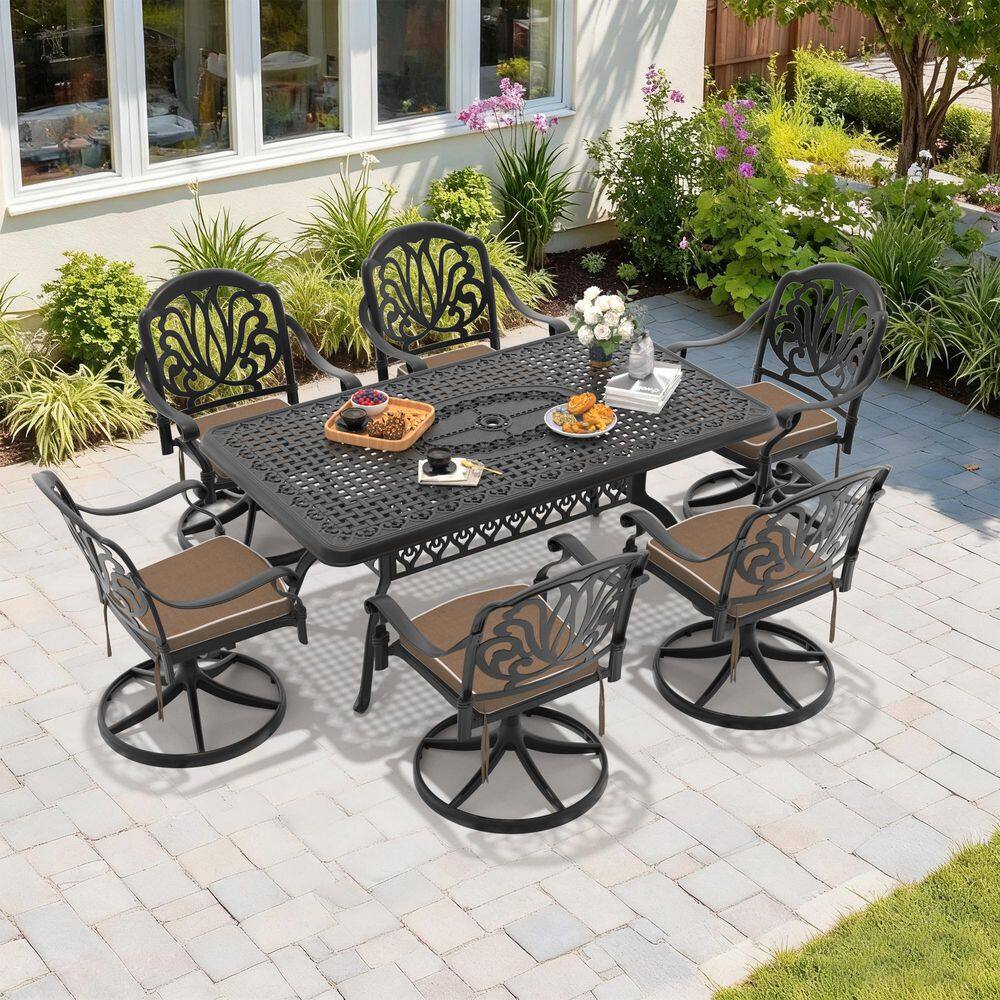 Black 7-Piece Cast Aluminum Outdoor Dining Set with 6 Swivel Rockers with Brown Cushion and Rectangular Table