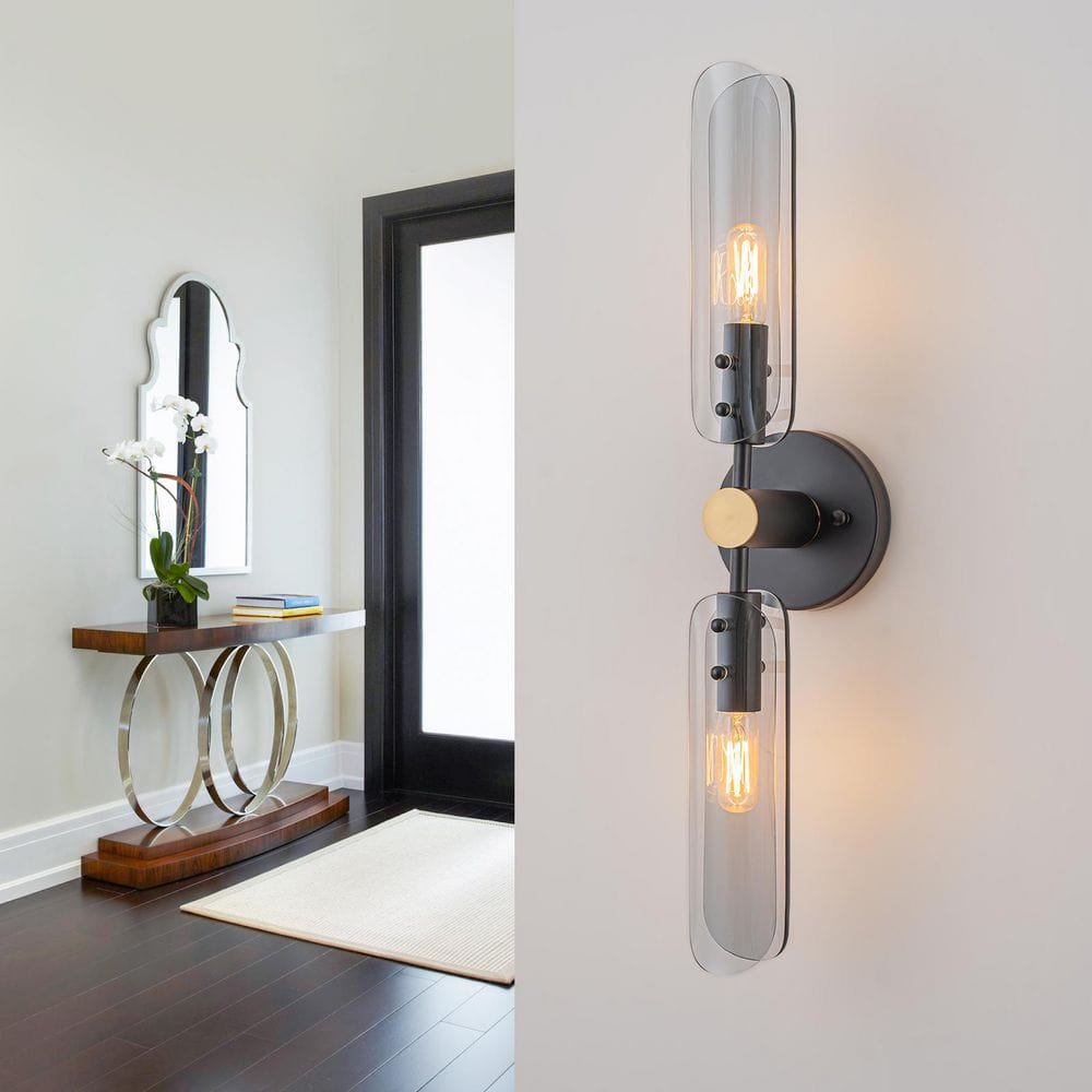 23 in. H 2-Light Modern Matte Black Wall Sconce with Smoked Glass Shades for Hallway, Bedroom price history on PriceWatchPro