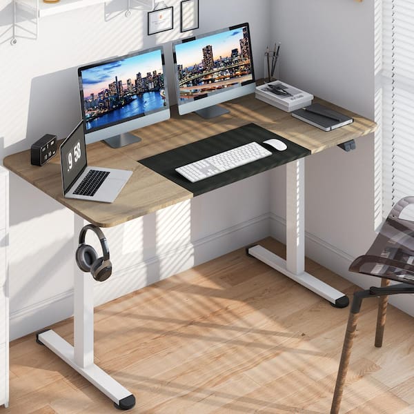 55 in. Oak Electric Standing Desk Height Adjustable Home Office Table with Hook