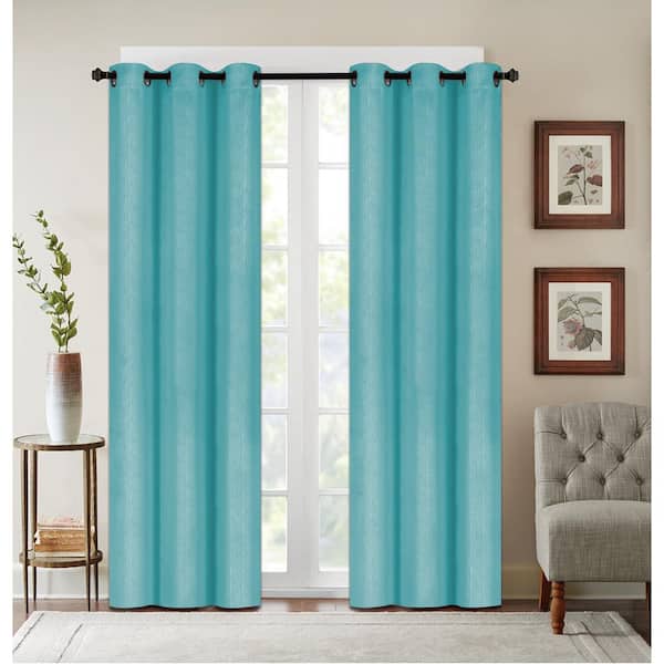 J&V TEXTILES Embossed Teal Polyester Thermal 38 in. W x 63 in. L Grommet Blackout Curtain Panel (Set of 2)