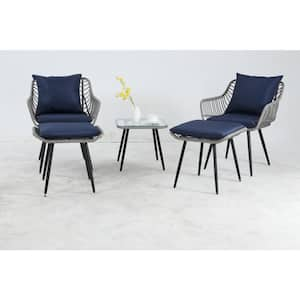 Gray 5-Piece Wicker Outdoor Bistro Set with Transparent Glass Table and Blue Cushion