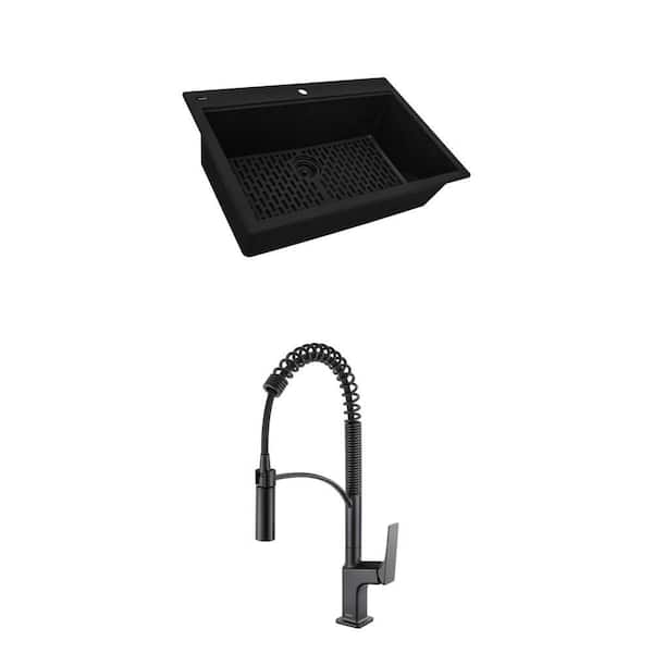 EpiGranite 33 in. Midnight Black Kitchen Sink with Faucet Combo