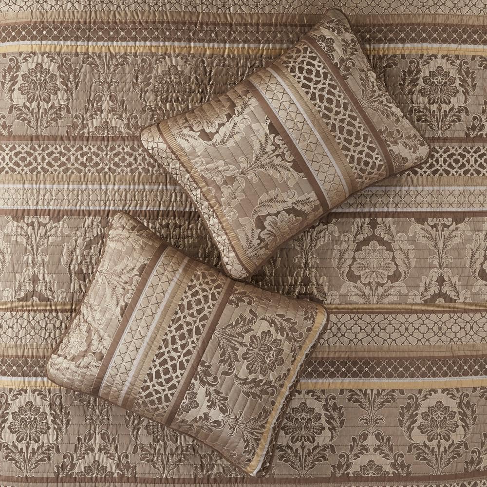 Full Brown Reversible Jacquard Coverlet Set with Shams and Pillows