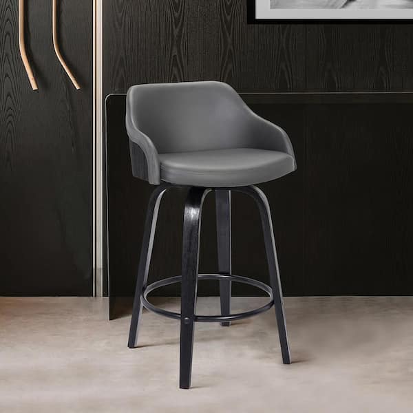 Armen Living Alec 30 in. Gray/Black Wood Swivel Bar Stool with Faux Leather Seat