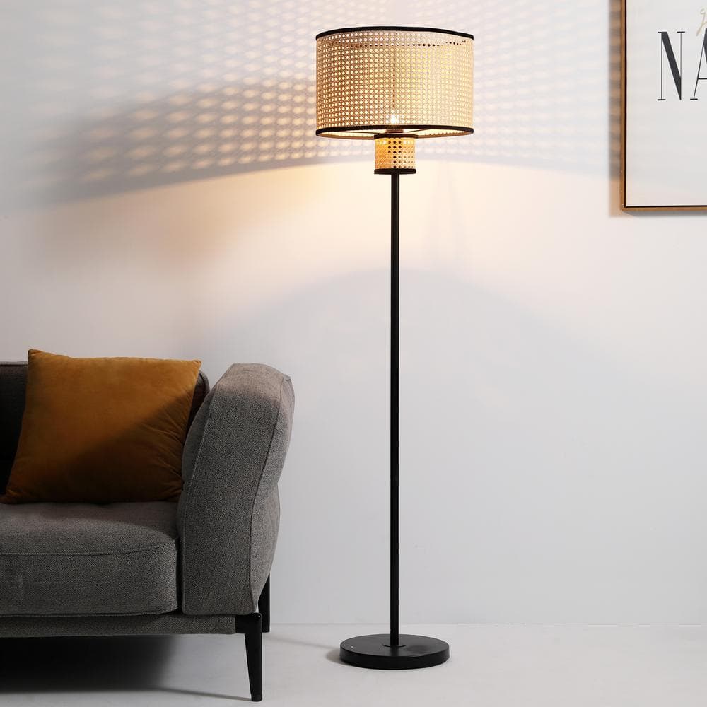 Nakuv 17'' Black Metal and Rattan Floor Lamp with USB Port