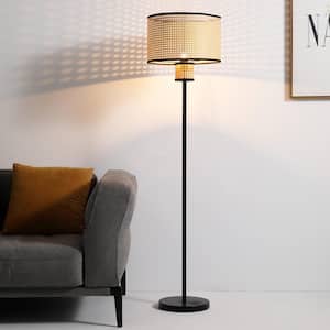 Modern Bohemian 62 in. Beige Tan Floor Lamp, 2 Tier PVC Rattan Shade with Velvet Rim