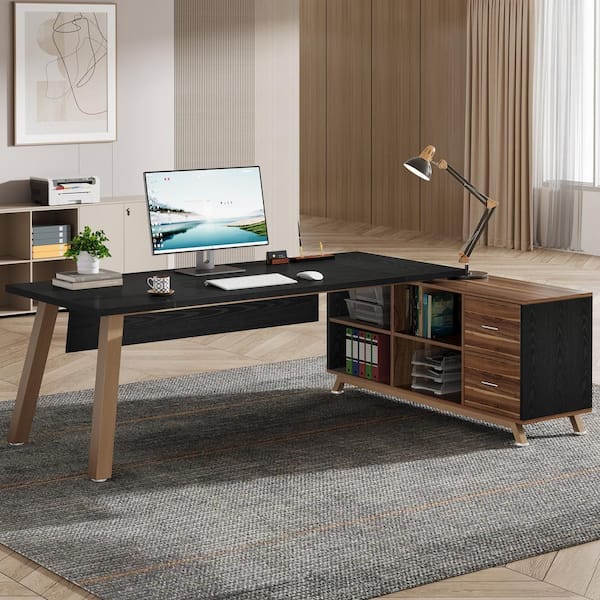 Lanita 71 in. L-Shaped Black Wood 2-Drawer Executive Desk with Storage Shelves